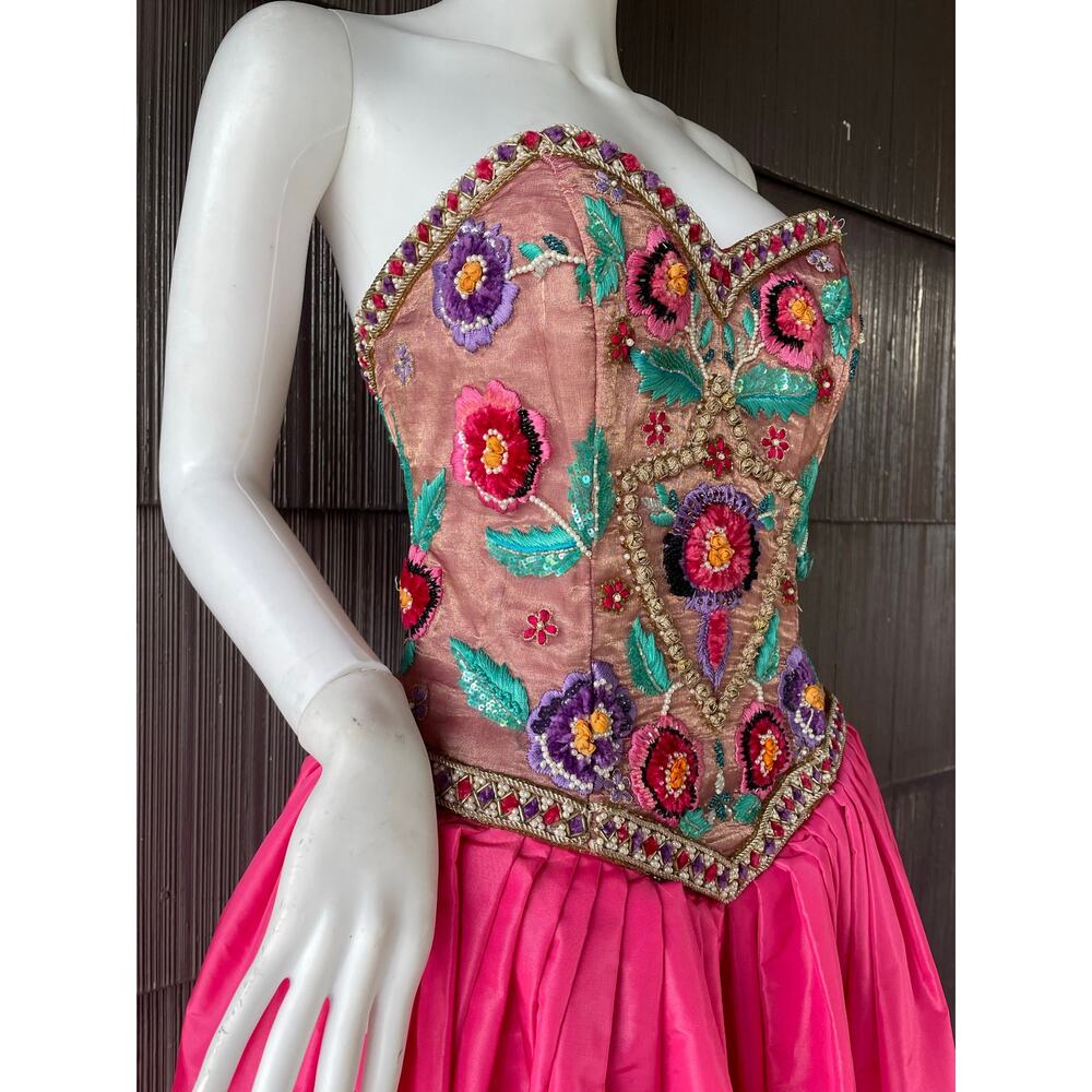 🔥80s Victor Costa Sequin Embroider Strapless Barbiecore Taffeta Pink Ball Gown - Picture 4 of 17